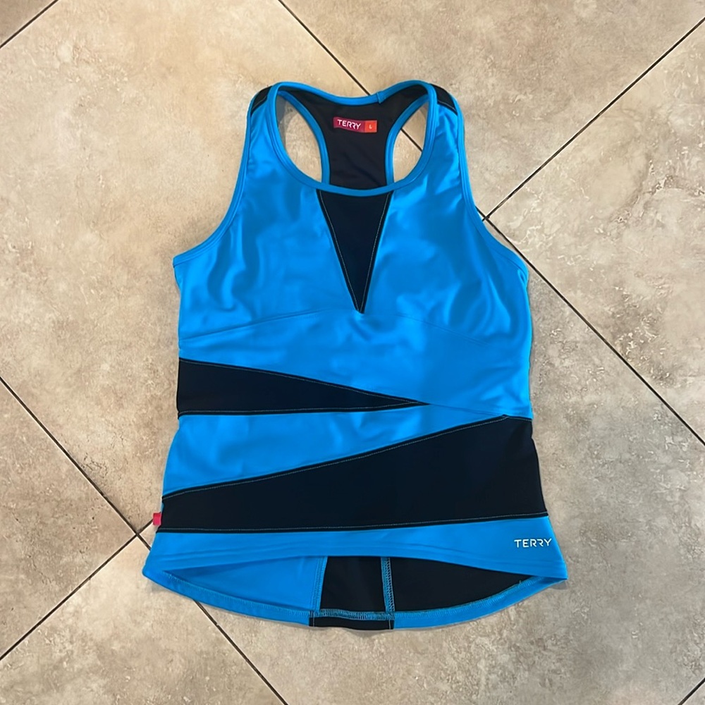 TERRY Bicycle Tank Top with Zipper Pocket and Shelf Bra Size Large - Teal & Blk